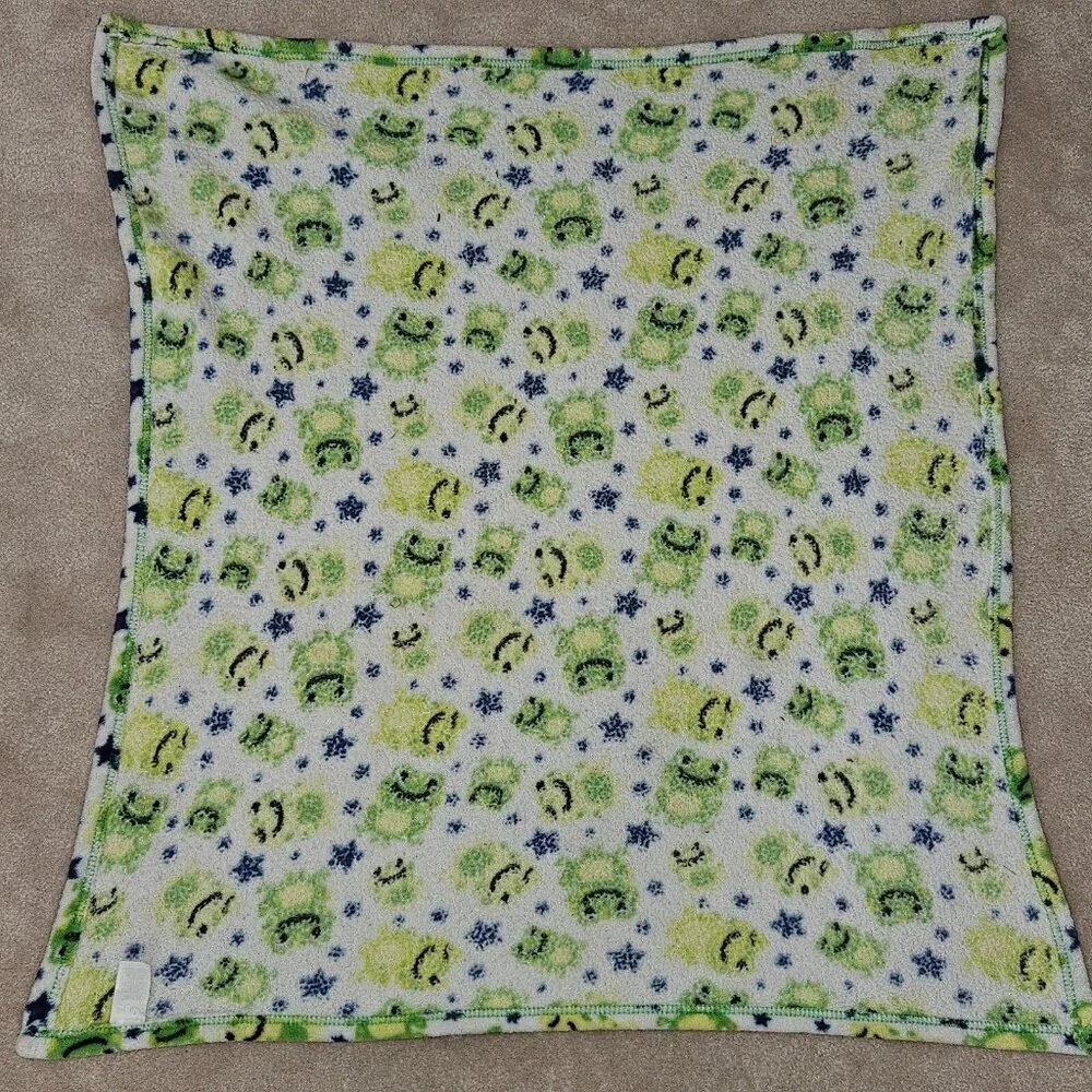 Cutie Pie Green Frog Fleece Baby Blanket Lovey Boy Girl Blue Star READ AS IS